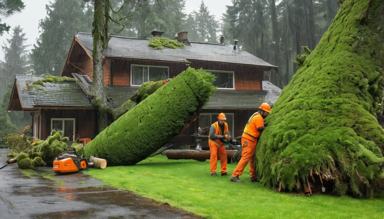 Tree service provider assessing a fallen tree beside a wood-frame home in McMinnville after a storm